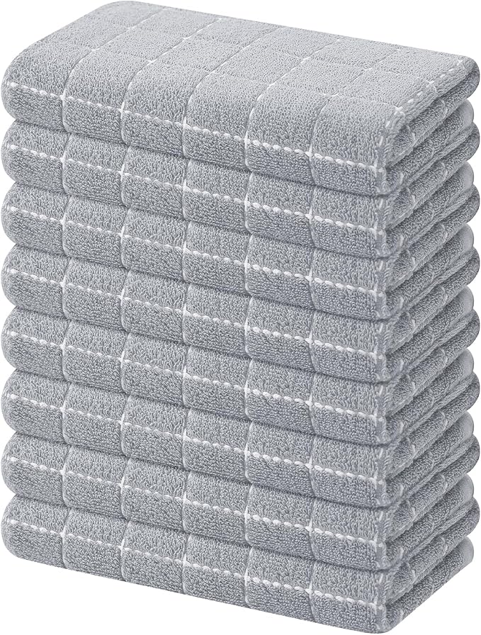 Mordimy 100% Cotton Terry Cloth Kitchen Towels, Super Soft and Absorbent Dish Towels for Drying, Checkered Designed Hand Towels for Kitchen, 16 x 26 Inches, 8 Pack, Light Grey