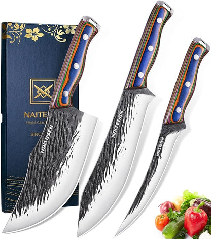 Naitesen 3PCS Hand Forged Butcher Knife Set - 15° Razor Sharp 6.5" Serbian Chef Knife, 8.5" Meat Slicer & 6.5" Boning Knife for Meat Cutting Kitchen Cooking BBQ - Gold-Stamped Gift Box