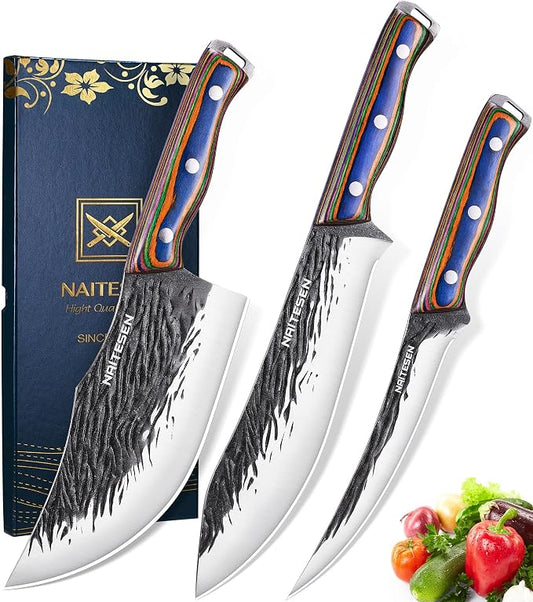 Naitesen 3PCS Hand Forged Butcher Knife Set - 15° Razor Sharp 6.5" Serbian Chef Knife, 8.5" Meat Slicer & 6.5" Boning Knife for Meat Cutting Kitchen Cooking BBQ - Gold-Stamped Gift Box