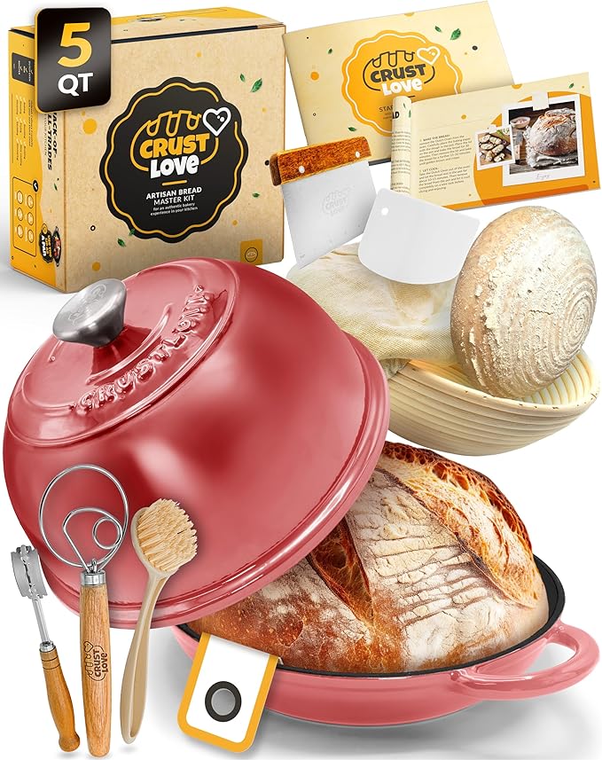 CRUSTLOVE Dutch Oven Bread Baking - 5QT Enamel Bread-Oven - incl Sourdough Bread-Baking Suppliers like Dough Whisk Scoring Lame etc Bread-Dome Cast Iron Bread-Pan with Lid for Sour dough, Bread-making