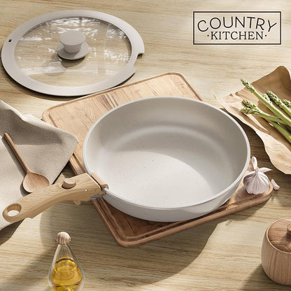 Country Kitchen Cookware Set with Removable Handle, Oven & RV Safe Pots and Pans Set, Cream Gold Speckle Wood Handle, Original