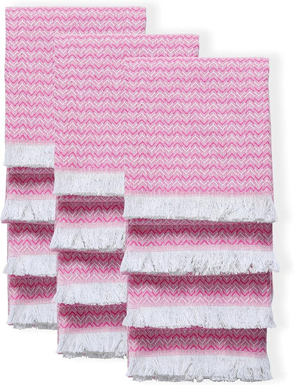 TWINY threads Dish Towel Chevron Weave, Premium 100% Cotton Kitchen Linen Set, Large Dish Rags and Wash Rags, Absorbent Quick Drying, Washable Reusable Dishcloth Set, 12 Pack, 16"x26", Rose Pink