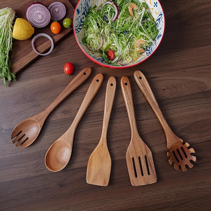 5-Piece Kitchen & Cooking Utensils Set - Natural Acacia Wood Material Includes Salad Spoons, Spaghetti Spoon, Salad Fork, Flat Spatula,Slotted Spatula- Essential Wooden Utensil Set for Cooking
