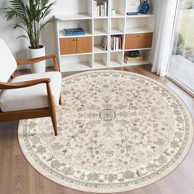 Round Kitchen Rugs 6ft Washable: Non-Slip Soft Low Pile Circle Area Rug for Under Table Living Room Dining Room Bedroom – Boho Floral Circular Floor Indoor Carpet (Beige,6x6)