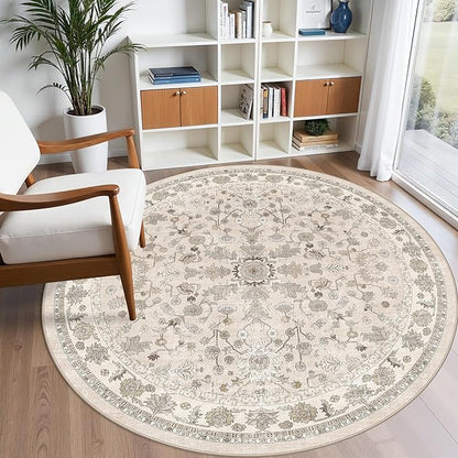 Round Kitchen Rugs 6ft Washable: Non-Slip Soft Low Pile Circle Area Rug for Under Table Living Room Dining Room Bedroom – Boho Floral Circular Floor Indoor Carpet (Beige,6x6)