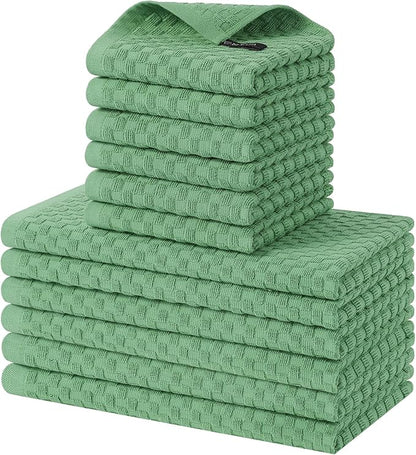 Homaxy 100% Cotton Kitchen Towels and Dishcloths Set, 12 x 12 & 15 x 25 Inches, Set of 12 Bulk Terry Cloth Dish Towels, Super Soft and Absorbent Hand Towel with Hanging Loop, Grass Green