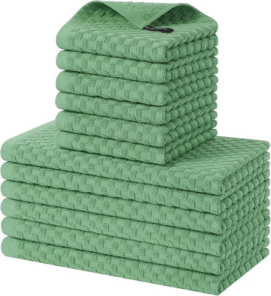 Homaxy 100% Cotton Kitchen Towels and Dishcloths Set, 12 x 12 & 15 x 25 Inches, Set of 12 Bulk Terry Cloth Dish Towels, Super Soft and Absorbent Hand Towel with Hanging Loop, Grass Green