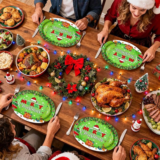 50Pcs Christmas Oval Paper Plates 10" x 12" Large Disposable Heavy Duty Merry Christmas Red Green Party Plates Xmas Balls Tree Snowflake Dessert Platter for Winter Friends Holiday Home Party Supplies