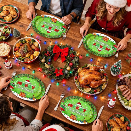 50Pcs Christmas Oval Paper Plates 10" x 12" Large Disposable Heavy Duty Merry Christmas Red Green Party Plates Xmas Balls Tree Snowflake Dessert Platter for Winter Friends Holiday Home Party Supplies