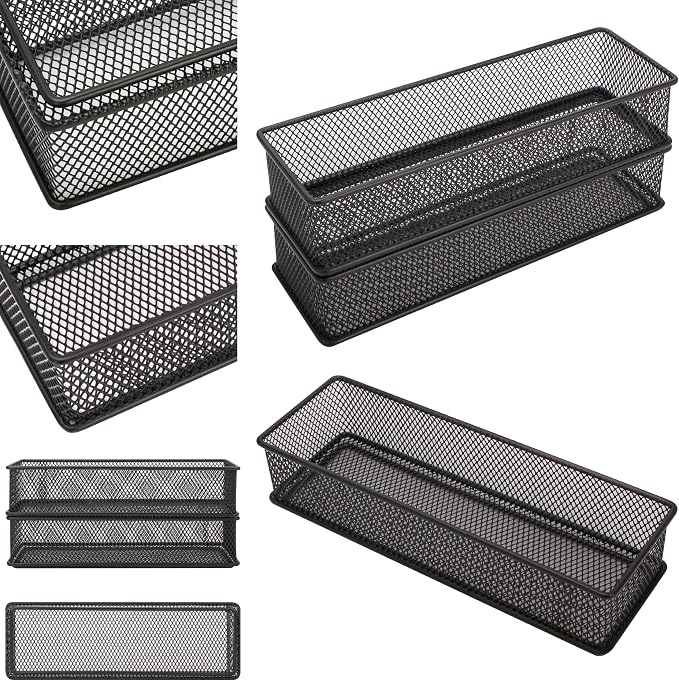 Annova Mesh Stackable Drawer Cabinet and Shelf Organizer Bins Storage Basket School Office Supply Holder Tray- Set of 2 (Black, 3x9x2 Inch)