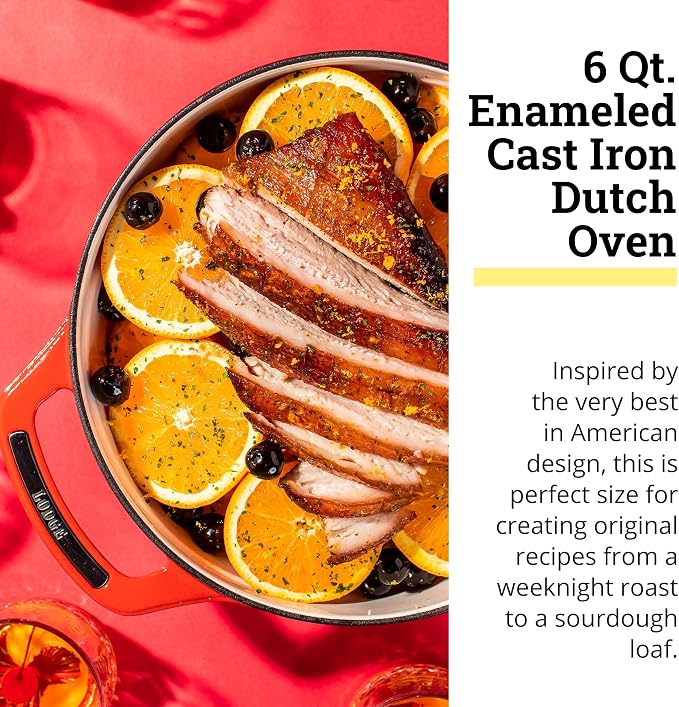 Lodge USA Enamel 6 Qt Enameled Cast Iron Dutch Oven - Cast Iron Cookware - Dutch Oven Pot with Lid - Cherry On Top Color - 6 Qt Capacity