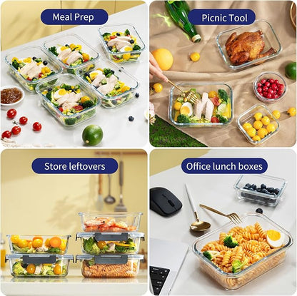 MFY 5-Pack 36 OZ Glass Storage Containers with Lids, Glass Meal Prep Containers 2 Compartment Set, Airtight Lunch Containers with Lids, Microwave, Oven, Freezer and Dishwasher Safe, Green