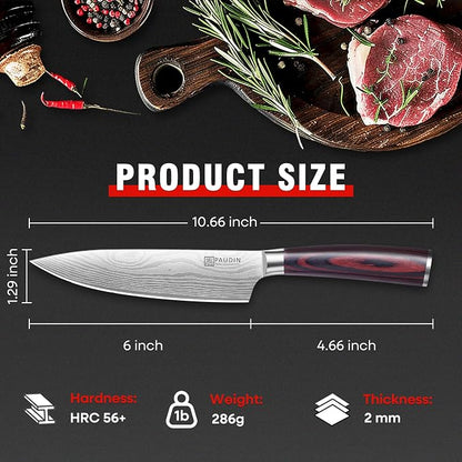PAUDIN Chef Knife, 6 Inch Sharp Kitchen Knife, High Carbon Stainless Steel Utility Knives with Ergonomic Handle, Small Knifes for Home and Restaurant