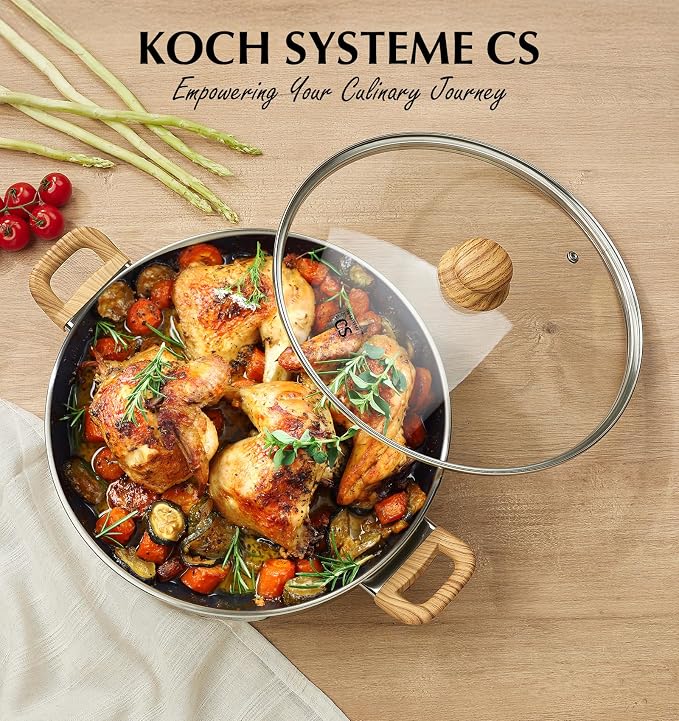 KOCH SYSTEME CS 12 Inch Stainless Steel Saute Pan with Lid, 5.5 Quart Deep Frying Pan with Double Handles, 18/10 Stainless Steel Pan with Cool-Touch Bakelite Handle, Deep Frying Pan, Induction Ready