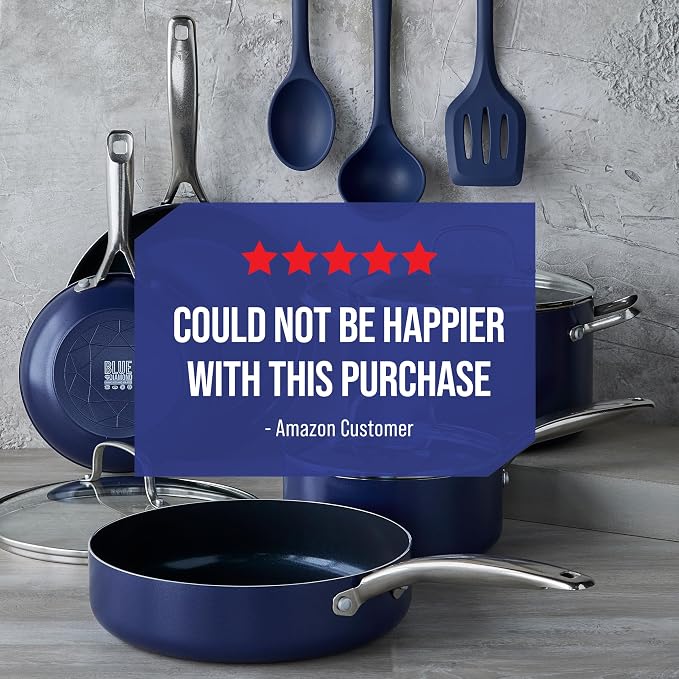 Blue Diamond 9.5” and 11" Frying Pan Skillet Set, Diamond Infused PFAS & PFOA-Free Ceramic Nonstick Pots & Pans, Durable Non Toxic Metal Utensil Safe & Scratch Resistant, Dishwasher & Oven Safe, Blue