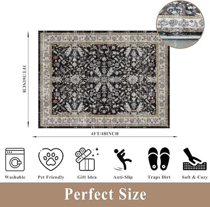 3x4 Entryway Rug Washable Non-Slip–Boho Floral Stain-Resistant Small Area Rug for Kitchen Bedroom Bathroom – Soft Low-Pile Thin Indoor Door Mat (Black,3x4)