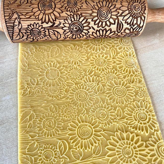 SUNFLOWER FIELD Embossed Rolling Pin for Ceramic. Clay Roller and Ceramic Stamp for Embossing Pottery. Baking Gifts for Women by Algis Crafts for Embossed Cookies