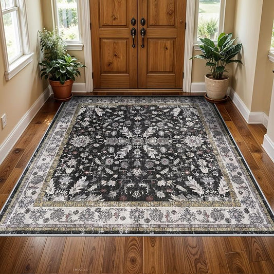 Square Rugs 5x5 Washable for Entryway: Non Slip Indoor Foot Carpet for Living Room, Boho Soft Black 5'x5' Low Pile Neutral Area Rug for Kitchen Dining Room Bathroom (Black, 5x5)