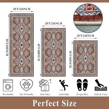 Washable Non-Slip Kitchen Rugs Set of 3 – Boho Soft Mats and Runner for Bathroom, Entryway, Hallway Room – Stain-Resistant Low-Pile Indoor Carpet (Red, 2x3+2x4+2x5)