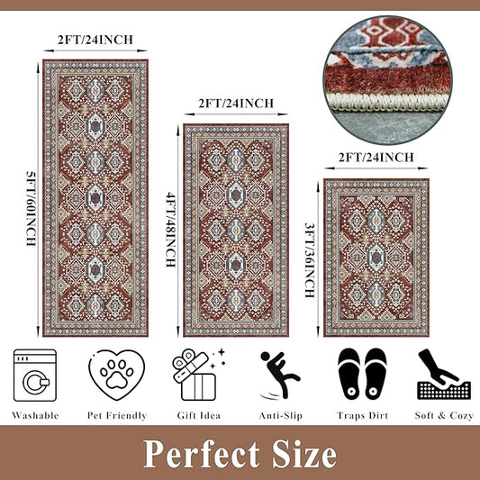 Washable Non-Slip Kitchen Rugs Set of 3 – Boho Soft Mats and Runner for Bathroom, Entryway, Hallway Room – Stain-Resistant Low-Pile Indoor Carpet (Red, 2x3+2x4+2x5)