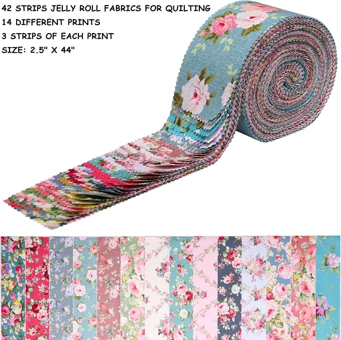 Nodsaw Jelly Rolls for Quilting Clearance 42 Strip 2.5" x 44" - Cotton Jelly Roll Fabric Strips for Quilting, Sewing, Blanket, Rug, Home Decor, and Purse Making, Rose Floral