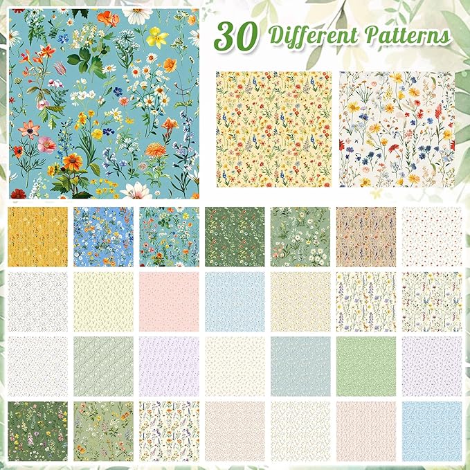 Tatuo 30 Pieces 10 x 10 Inches Summer Floral Cotton Fabric Bundle Squares Patchwork Floral Fabric Sewing Quilting Bundles Assorted Pattern Cloth for DIY Scrapbook Craft Making