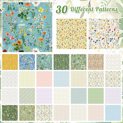 Tatuo 30 Pieces 10 x 10 Inches Summer Floral Cotton Fabric Bundle Squares Patchwork Floral Fabric Sewing Quilting Bundles Assorted Pattern Cloth for DIY Scrapbook Craft Making
