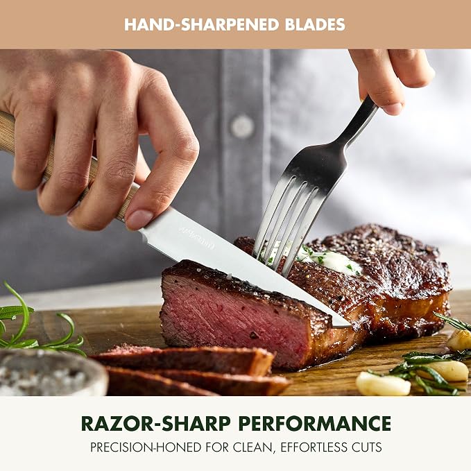 GreenPan Elite 13 Piece Wooden Knife Block Set, Professional Stainless Steel Blades with Titanium Coating, Ultra-Sharp Kitchen Cutlery, Chef, Santoku, Bread & Steak Knives, Ergonomic Light Wood Handle