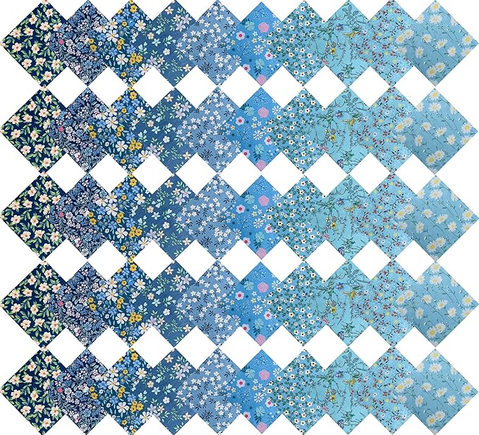 HANPATQUI 50PCS 10 x 10 inch Blue Printed 100% Cotton Fat Quarters Fabric for Sewing and Quilting Bundles Precut Fabric Square for DIY Craft Patchwork