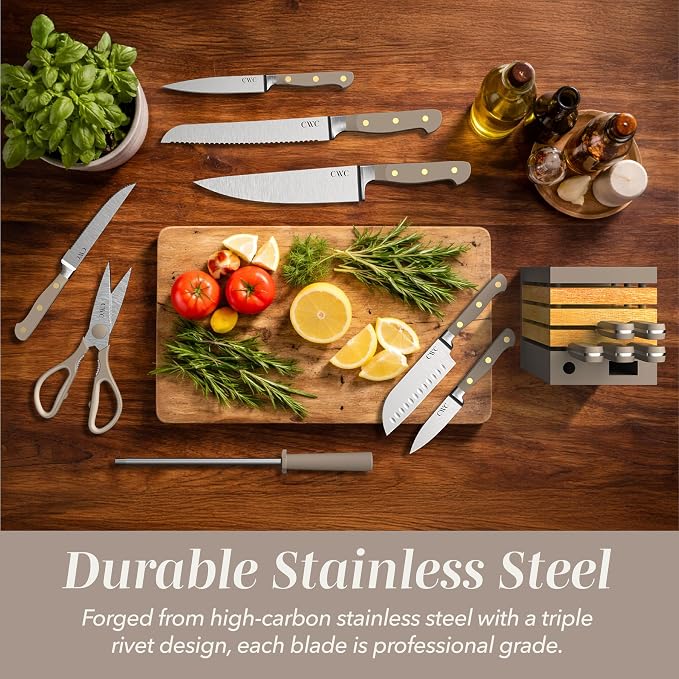 COOK WITH COLOR 14 Pieces Kitchen Knife Block Set, Knives for Kitchen, Forged Cutlery with Razor-Sharp High Carbon Steel Blades, Magnetic Block