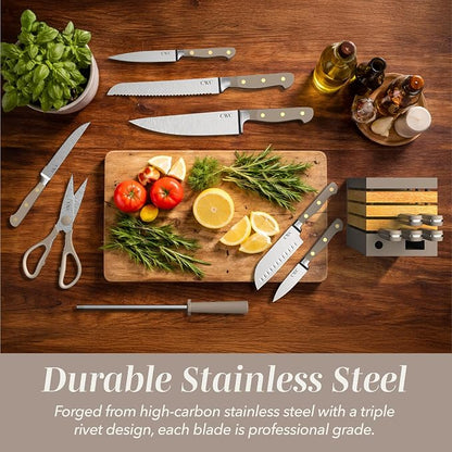 COOK WITH COLOR 14 Pieces Kitchen Knife Block Set, Knives for Kitchen, Forged Cutlery with Razor-Sharp High Carbon Steel Blades, Magnetic Block