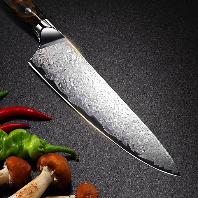 Professional Japanese Damascus Chef Knife 8 Inch - VG-10 High Carbon Steel, Ergonomic Resin Handle with Leather Sheath & Luxury Gift Box