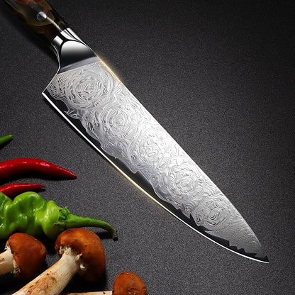 Professional Japanese Damascus Chef Knife 8 Inch - VG-10 High Carbon Steel, Ergonomic Resin Handle with Leather Sheath & Luxury Gift Box