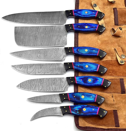 Professional Kitchen Knives Custom Made Damascus Steel 7 pcs of Professional Utility Kitchen Chef’s Knife Set with Pocket Case Chef Knife Set with Roll Bag (1063)