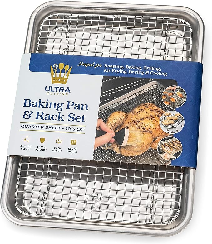 Ultra Cuisine Quarter Sheet Pan with Wire Rack Set - Includes Premium Aluminum Baking Sheet with 100% Stainless Steel Baking Rack, Cookie Cooling Racks with 1/4 Pan Commercial Quality