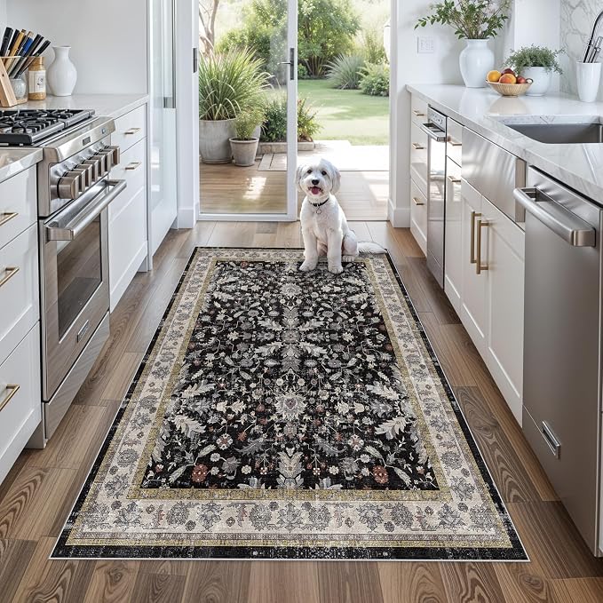 4x5 Kitchen Rug Washable Non-Slip – Soft Low Pile Indoor Carpet for Entryway Bathroom Living Room Bedroom – Boho Floral Small Throw Area Rug (Black,4x5)