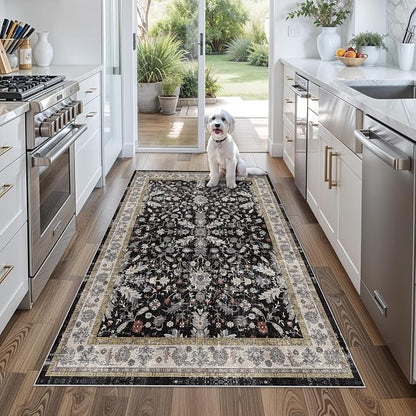 4x5 Kitchen Rug Washable Non-Slip – Soft Low Pile Indoor Carpet for Entryway Bathroom Living Room Bedroom – Boho Floral Small Throw Area Rug (Black,4x5)