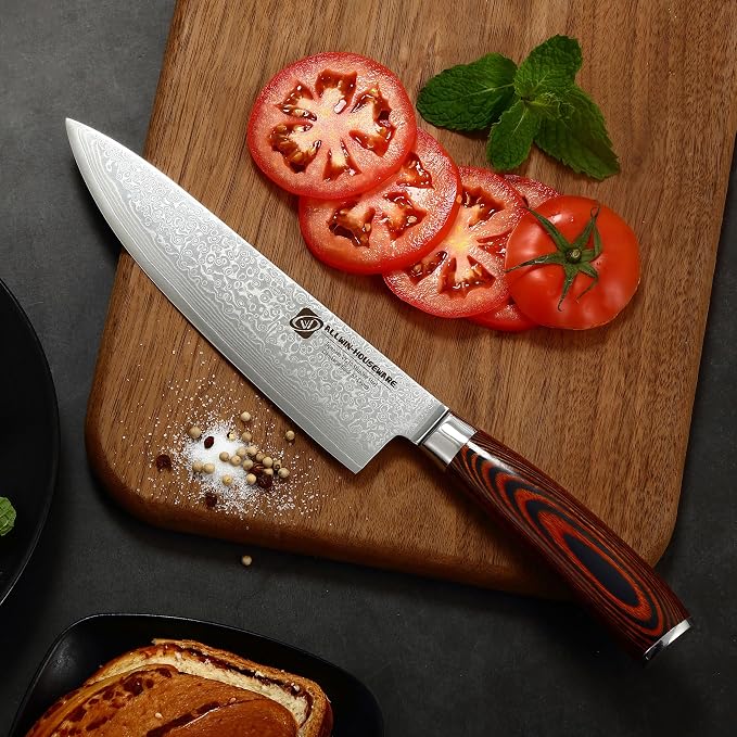 Damascus Chef Knife 8'' Professional 67-Layer VG10 Steel Core with Pakka Wood Handle, Ultra Sharp HRC 62 Kitchen Knife for Chopping Cutting Carving Gift Box for Kitchen Restaurant