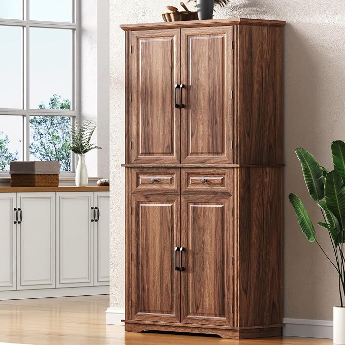 VilroCaz Wooden 71" H Kitchen Pantry Cabinet with 3 Pull Out Cabinet Organizers, Freestanding Cupboard Storage Cabinet with 4 Doors and 2 Drawers, Farmhouse Embossed Texture Design (Brown-5.K)