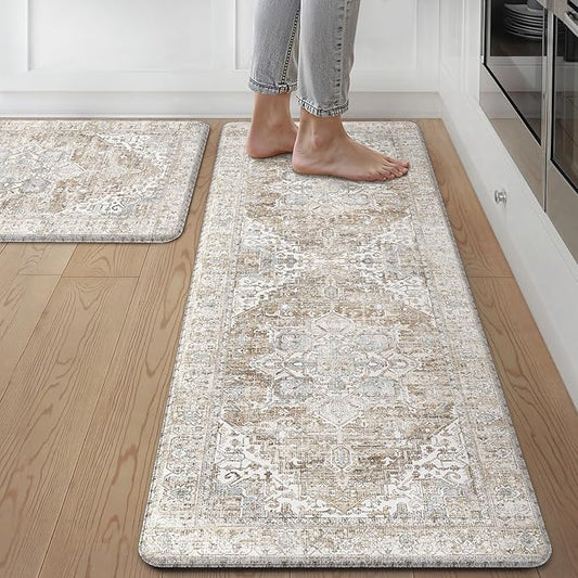 GENIMO Kitchen Mats for Floor, 2PCS Kitchen Rugs Non Slip Washable, Waterproof Anti Fatigue Mat, Comfort Standing Runner Rug for Sink, Office, Laundry, Home, 17.3"x47"+17.3"x30", Blue&Brown
