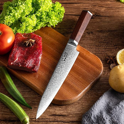 Slicing Knife 8 inch Damascus VG-10 Super Steel 67-Layer Damascus Slicing Carving Knife with Hexagon Natural Wood Handle for Beautiful Thin Slices of Pork, steak, brisket, and Poultry