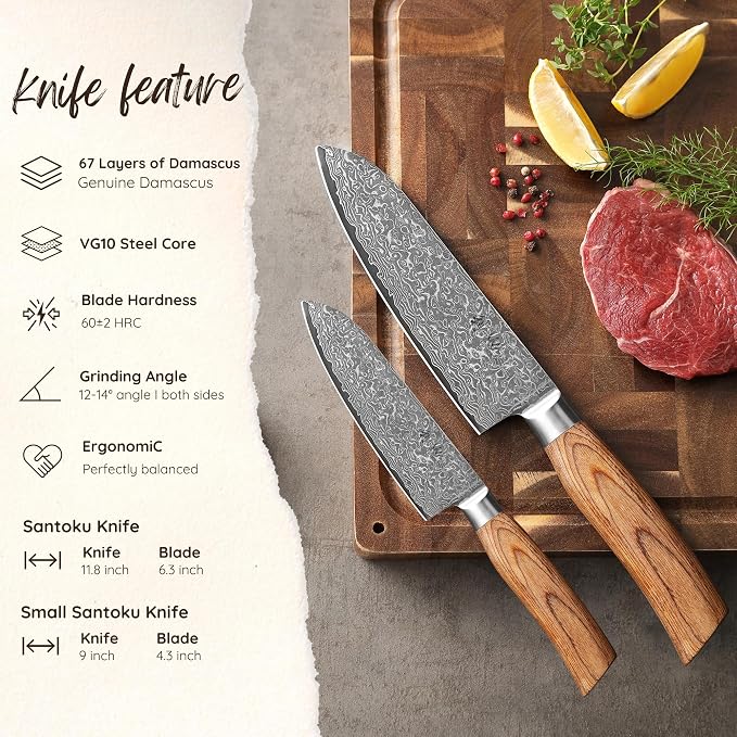 Wakoli EDIB Pro 2-Piece Damascus Kitchen Knife Set – Santoku & Small Santoku with VG10 Core made of 67-Layer Damascus Steel Blades – Professional Chef Knives with Ergonomic Pakkawood Handles
