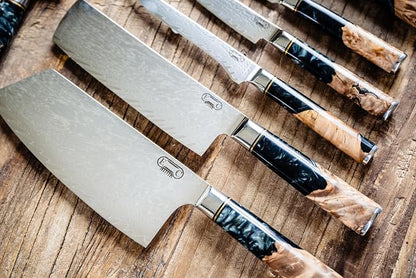 Tidal Collection 8 PCS Damascus Knife Set with stunning black resin and burl wood handles with your engravement.