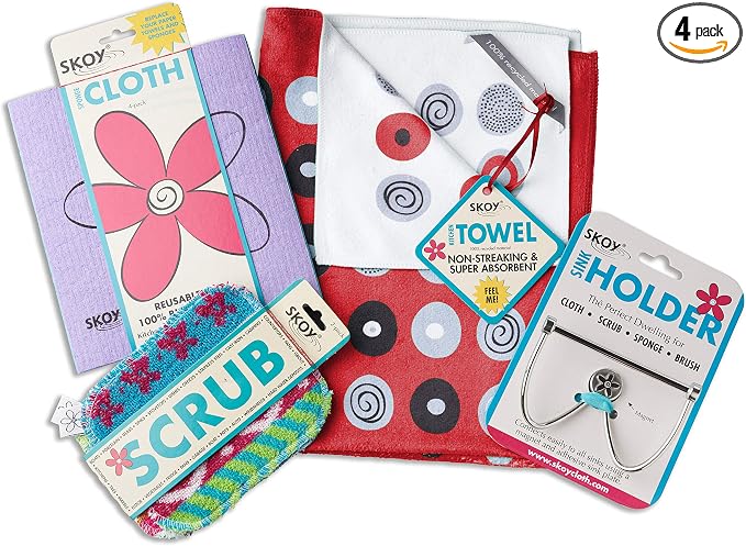 Skoy Cleaning Bundle - Cloth, Scrub, Red Towel and Sink Holder – Environmentally Friendly, Kitchen & Household Use, Plastic-Free Packaging, Great Gift Idea!