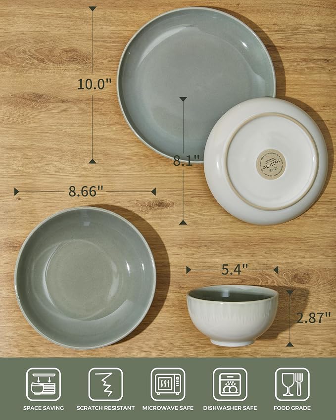 Pokini 24 Piece Double Bowl Dinnerware Sets with Pasta Bowls, Highly Chip and Crack Resistant Plates and Bowls Sets, Natural Earthyware Ceramic Dishware Sets, Service for 6 Gradient Green
