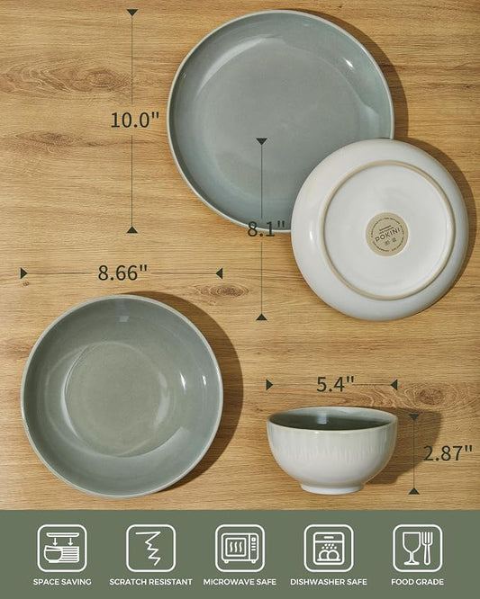 Pokini 24 Piece Double Bowl Dinnerware Sets with Pasta Bowls, Highly Chip and Crack Resistant Plates and Bowls Sets, Natural Earthyware Ceramic Dishware Sets, Service for 6 Gradient Green