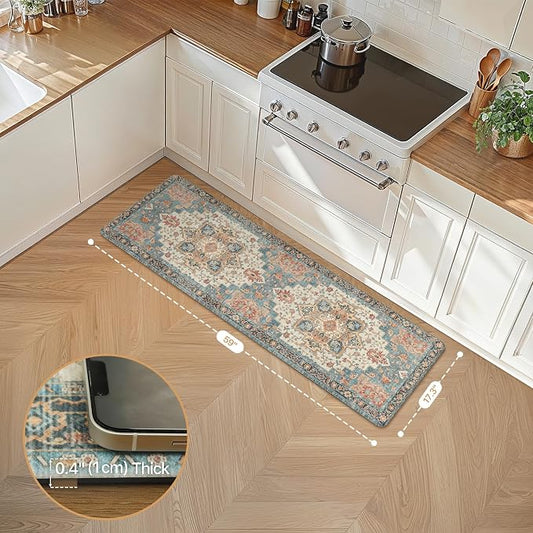 GENIMO Kitchen Mats for Floor, Washable Anti Fatigue Mat for Cushioned, 17.3"x59", Waterproof Kitchen Rugs, Non Slip Foam Comfort Standing Mat Rug for Home, Runner, Sink, Laundry, Blue&Salmon