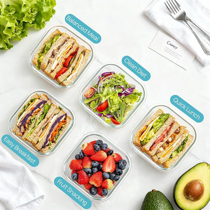 Vtopmart 5Pack 27oz Glass Storage Containers with Lids, Glass Meal Prep Food Container Sets, Sandwich Containers with Snap Airtight Lid for Microwave, Oven, Freezer and Dishwasher, Grey