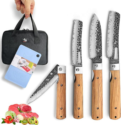 SENBON Forged 440A Stainless Steel Gift wrapped 4 piece set sharp pocket folding chef knife universal peeling bread knife set portable kitchen knives with natural olive handle