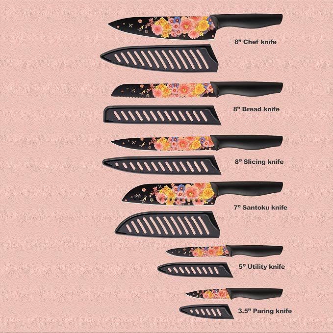 Marco Almond Knife Set Artistic Designed Pattern Kitchen Knife 6 Stainless Steel Kitchen Knives w 6 Blade Guards,Dishwasher Safe Kitchen Knife Sets for Family Knives Set for Chefs